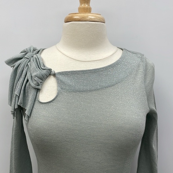 NWT Anthropologie Del Metallic Bow Keyhole 3/4 Sleeve Knit Blouse Teal XS - Picture 2 of 9
